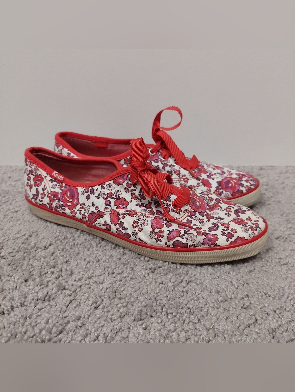 Keds Champion Floral Canvas Ribbon Lace Sneakers Red White Size 7